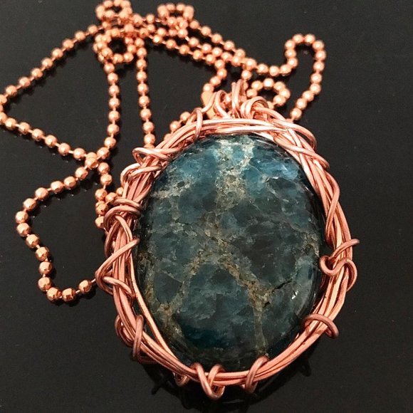 Conceptual Subculture Other - Genuine Blue Apatite Untreated Gemstone Solid Copper Pendant Necklace Handmade